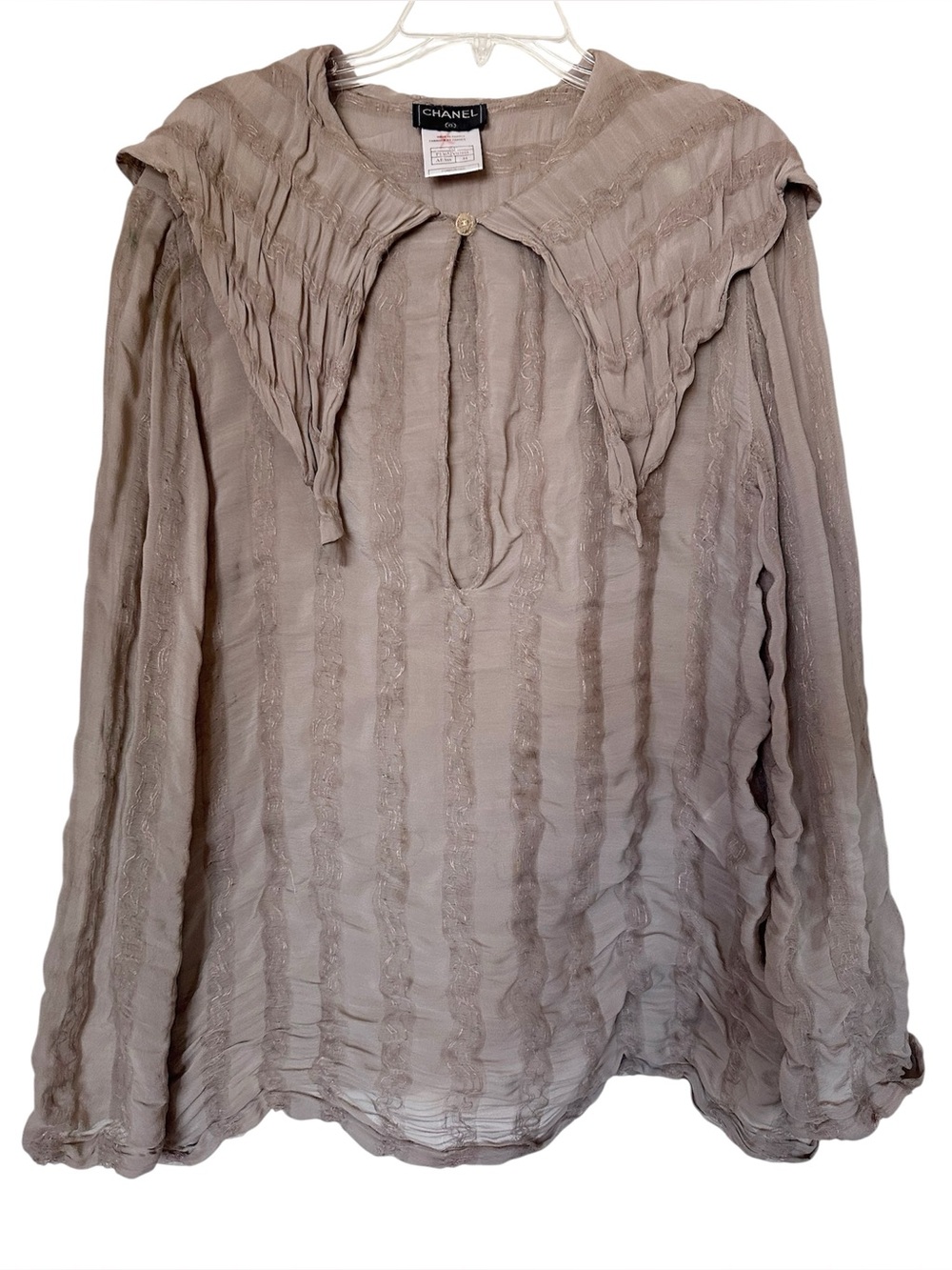 Vintage Chanel 1999A Silk Metallic Gauze Sailor Collar Blouse Taupe CC Button 44